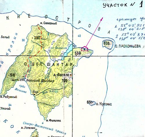 Схема острова Большой Шантар - отмечена точка, где стоит часовня