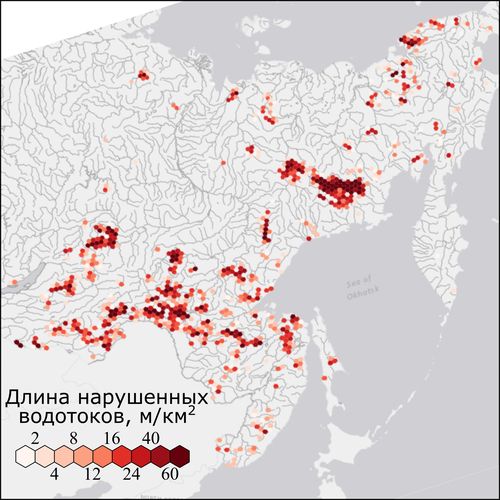 Рис.1. Длина нарушенных водотоков в исследуемом регионе