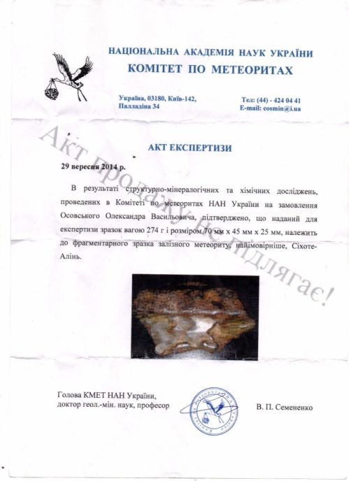 Акт экспертизы метеорита (нажмите, чтобы увеличить)