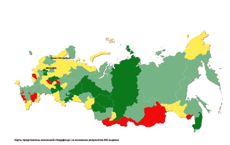 Распределение регионов России по классам: A (темно-зеленый), B (светло-зеленый), C (желтый), D (красный)