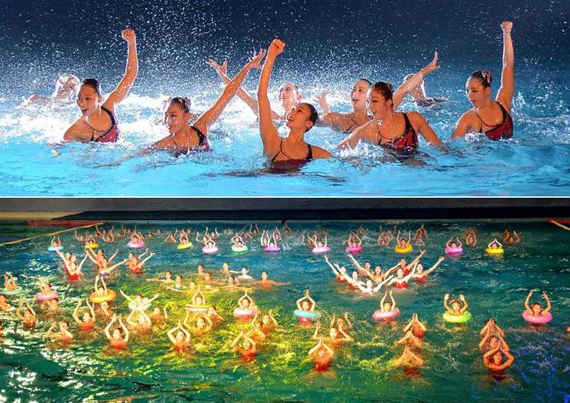 Показательное выступление синхронистов, проходившее в плавательном бассейне на улице Чхончхун по случаю Дня Звезды.