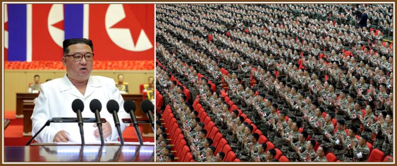 Уважаемый Ким Чен Ын выступает с многозначительной приветственной речью перед бойцами военно-медицинской службы КНА, совершившими яркие подвиги в максимально чрезвычайной противоэпидемической войне. 18 августа 111 года чучхе (2022).
