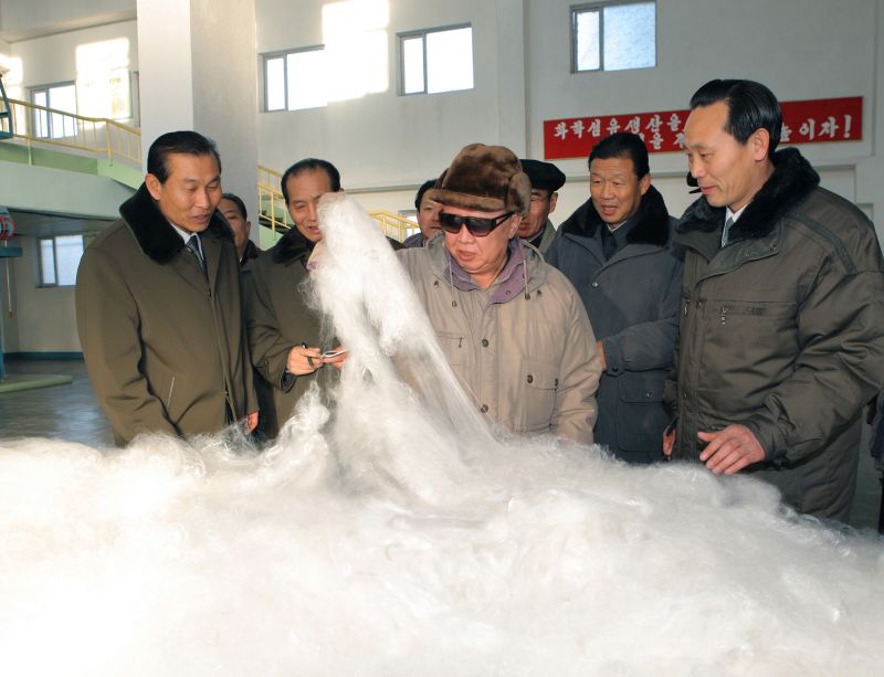 Великий Ким Чен Ир осматривает виналоновую вату в Виналоновом объединении «8 февраля». Январь 100 г. чучхе (2011).