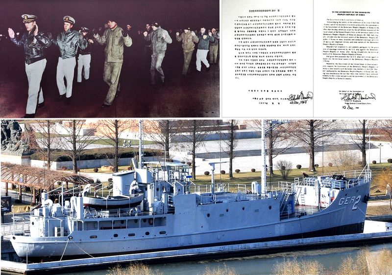 Американский вооруженный шпионский корабль «Пуэбло», задержанный ВМС КНА в январе 1968 г., его экипаж и извинительный акт правительства США, в котором они признали свой шпионаж.