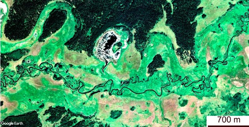 Рис. 2. Река Кулунда. На космической снимке видны палеоизлучины на пойме