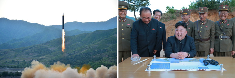 Уважаемый товарищ Ким Чен Ын руководит на месте испытательным запуском стратегической баллистической ракеты «Хвасонпхо-12» средней и промежуточной дальности класса «земля-земля». Май 2017 года.