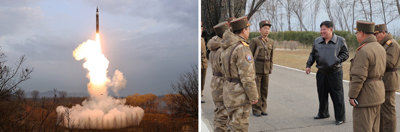 Уважаемый товарищ Ким Чен Ын руководит на месте первым испытательным запуском баллистической ракеты нового типа средней и промежуточной дальности «Хвасонпхо-16на». Твердотопливная ракета носит разработанную по-новому боеголовку гиперзвукового планирующего полета. Апрель 2024 года.