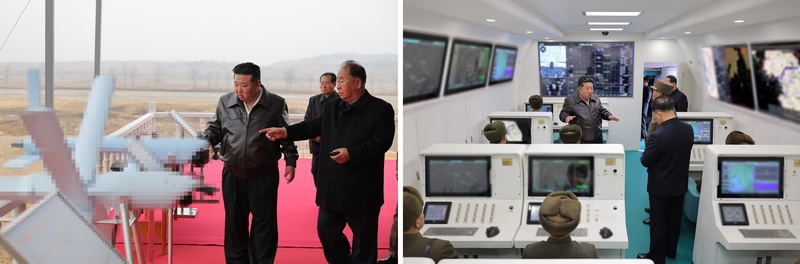 Уважаемый товарищ Ким Чен Ын ознакомляется с научно-исследовательскими работами в области обороны, проделанными Объединением беспилотной авиационной техники и коллективом по изучению РЭ разведки и РЭ противодействия. Март 2025 года.