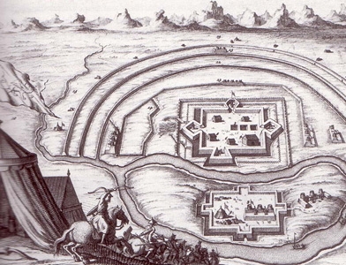Атака маньчжурско-китайских войск на русскую крепость Албазин. Гравюра 17 века